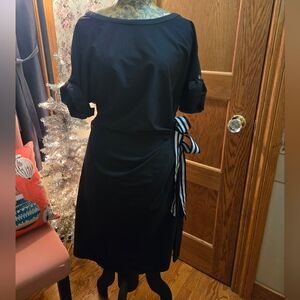 New York and Company Chic Striped Side Tie  Black Dress